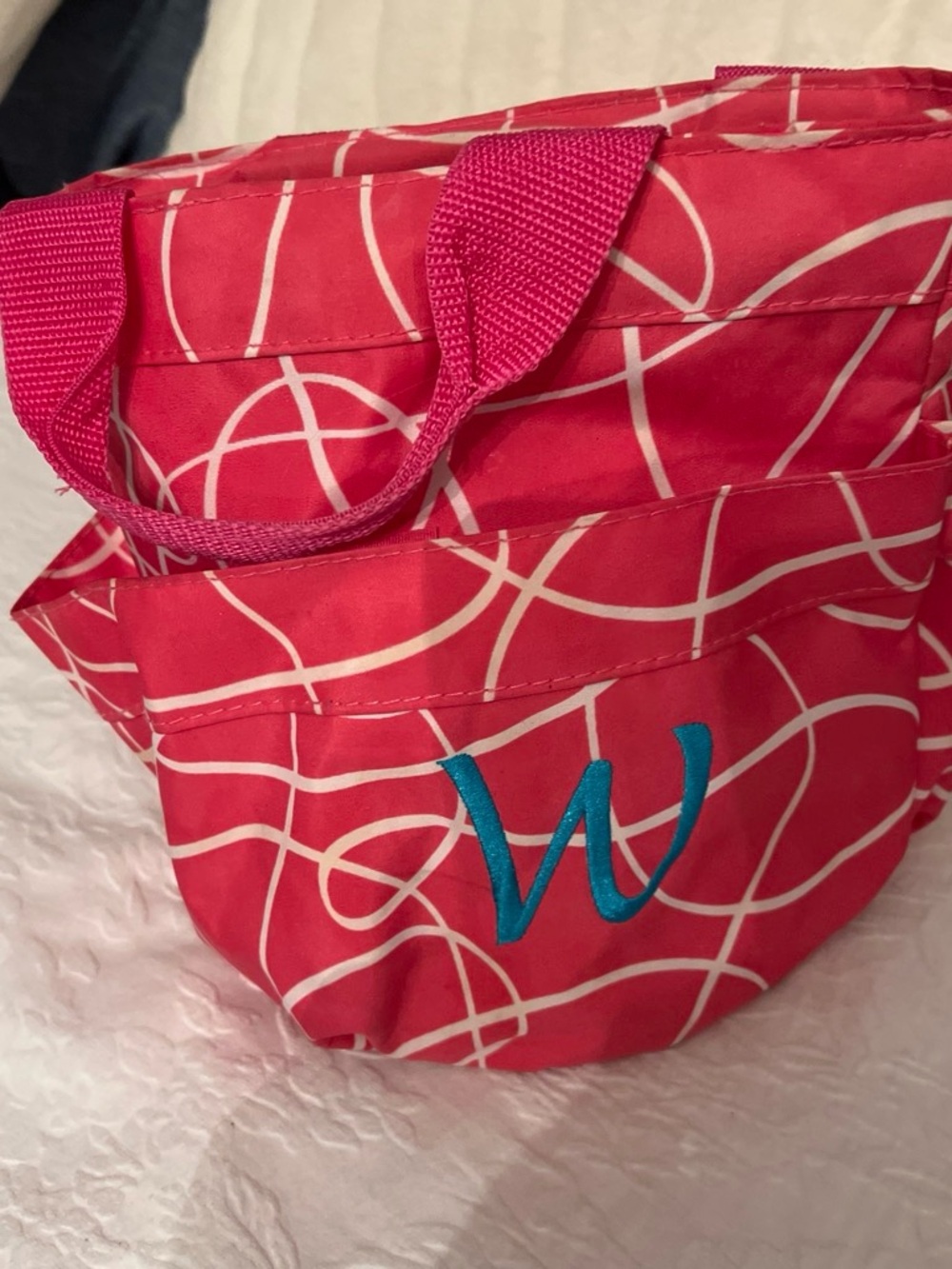 Monogrammed Pink Patterned shower Tote Bag with Blue 'W' Accent